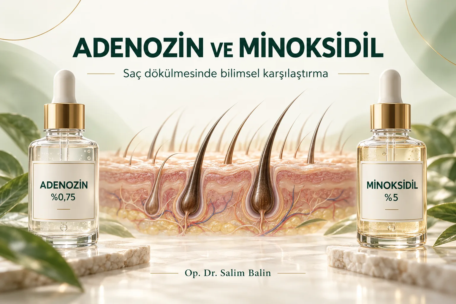 Adenozin %0,75 ve minoksidil %5 damlalıklı şişeler ile saç folikülü kesiti – saç dökülmesinde karşılaştırma