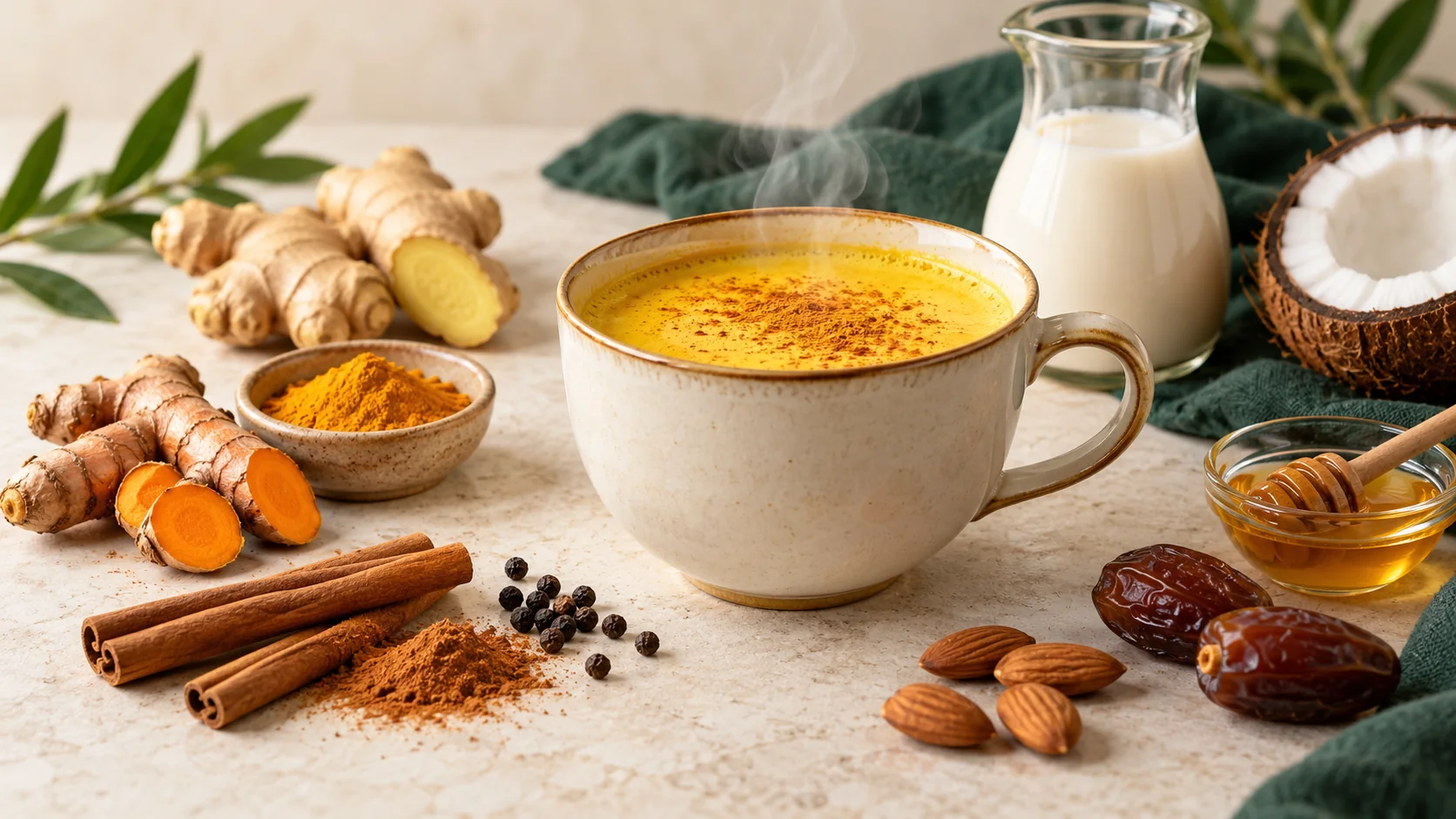 Golden milk: turmeric milk in a cup with fresh turmeric root, ginger, cinnamon sticks, black pepper, dates and honey – illustrative image