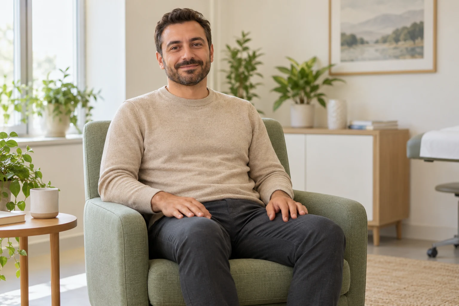 Rahat oturan, sakin yüz ifadeli kurgusal yetişkin