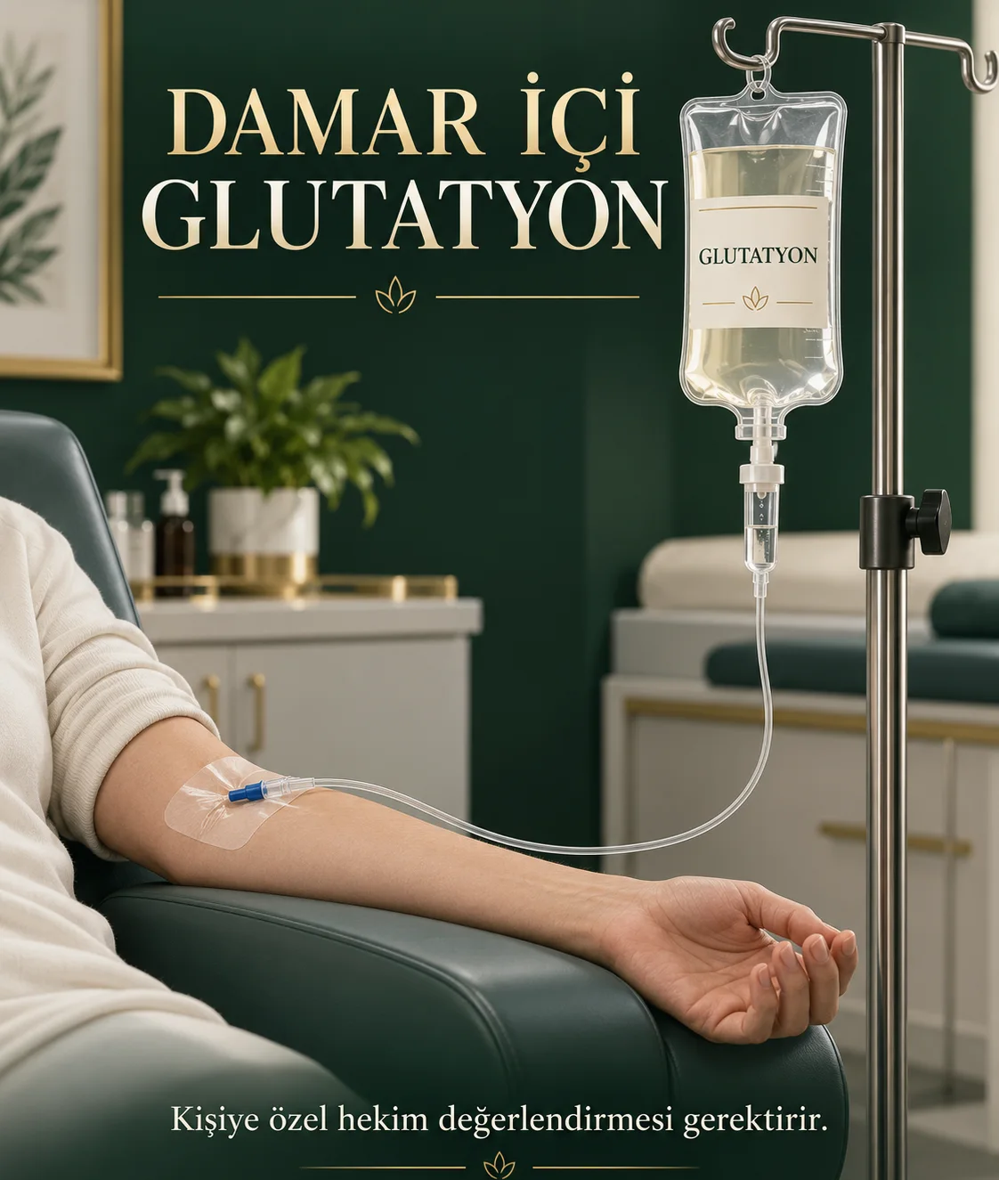 Damar içi glutatyon uygulaması: kol damarına takılı ince kateter ve serum askısında glutatyon serumu (temsili görsel)