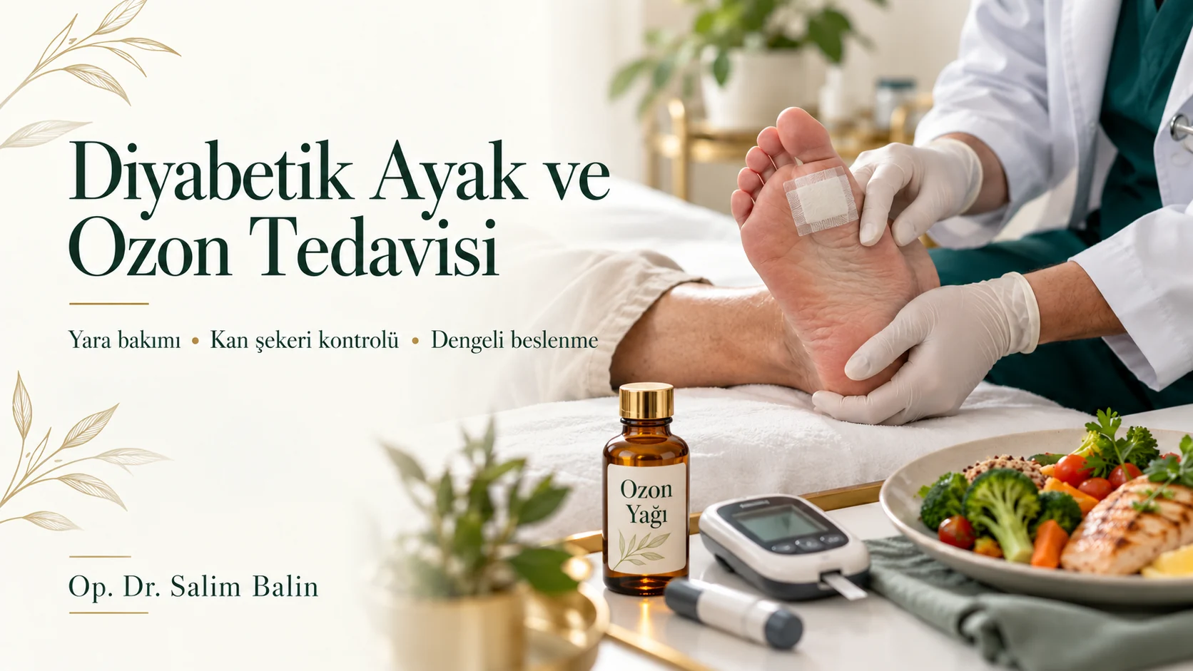Diyabetik ayak ve ozon tedavisi: ayak tabanındaki yaranın hekim tarafından incelenmesi, kan şekeri ölçüm cihazı ve dengeli beslenme – temsili görsel