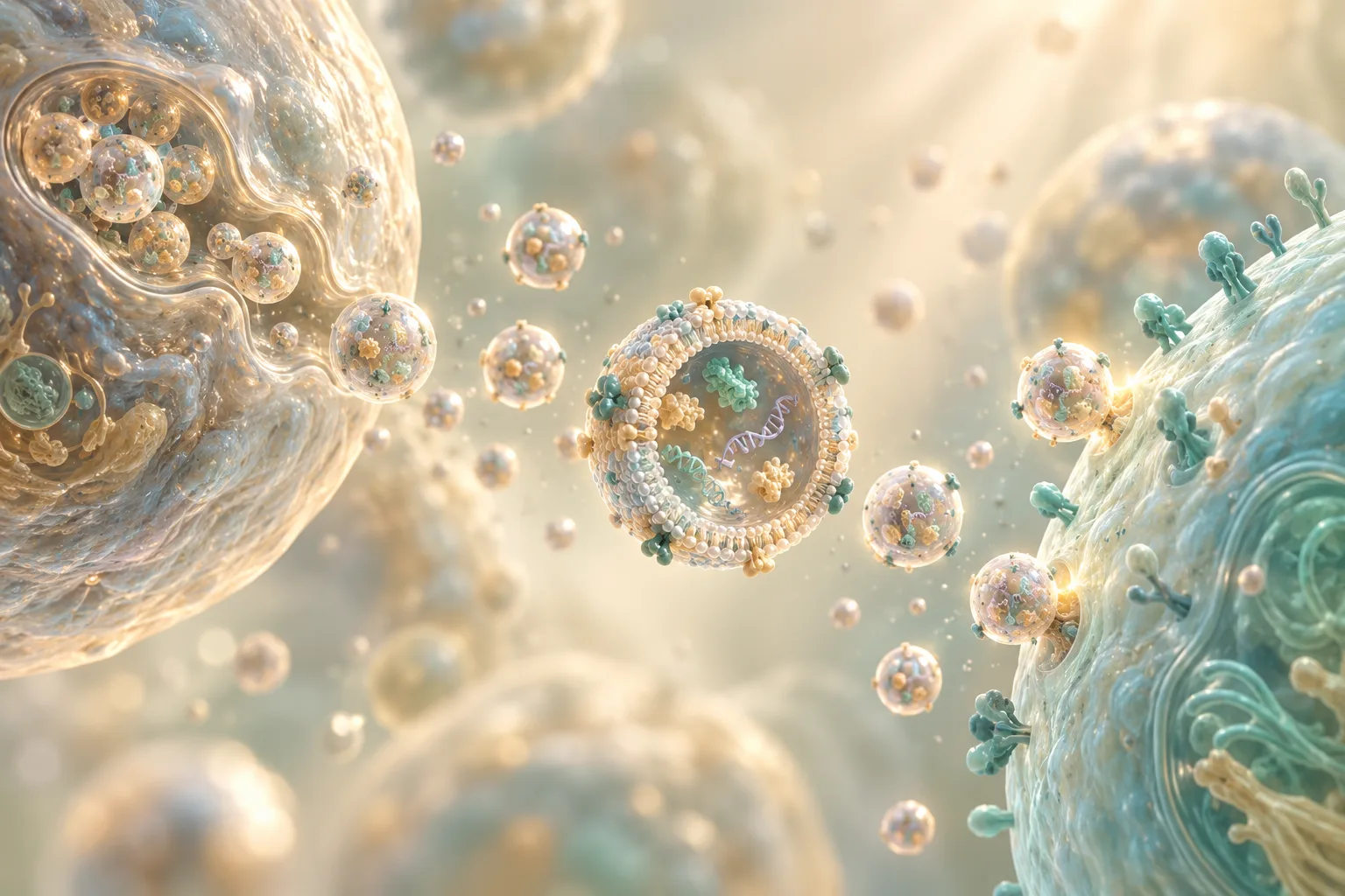 Exosomes released from a cell carrying proteins and genetic material to a neighbouring cell – illustration