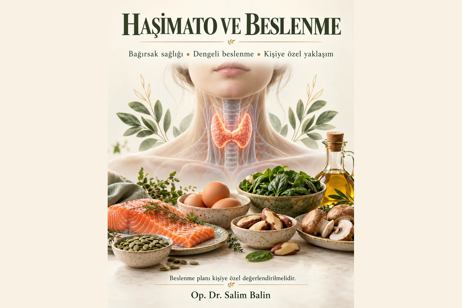 Hashimoto's and nutrition: thyroid gland with fish, eggs, spinach, Brazil nuts, pumpkin seeds, mushrooms and olive oil