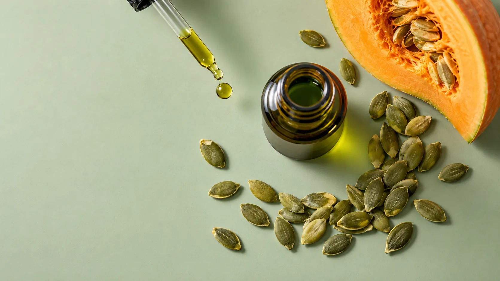 Pumpkin seed oil in a dropper with pumpkin seeds – illustrative image