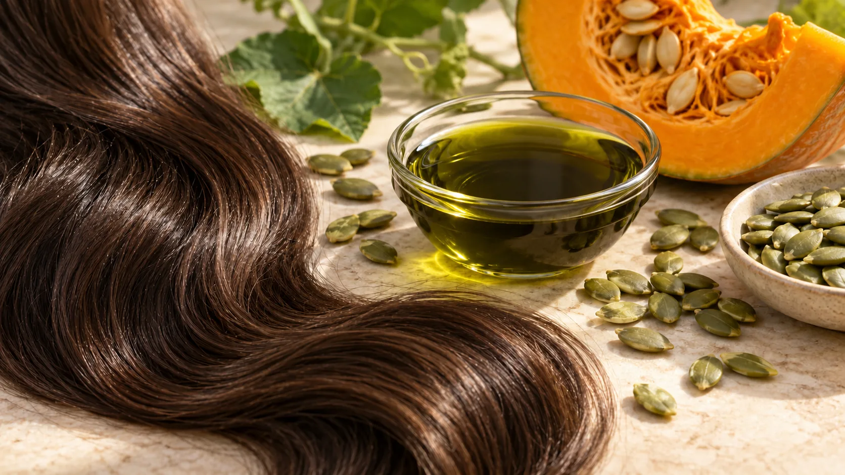Pumpkin seed oil, pumpkin seeds and healthy hair – illustrative image