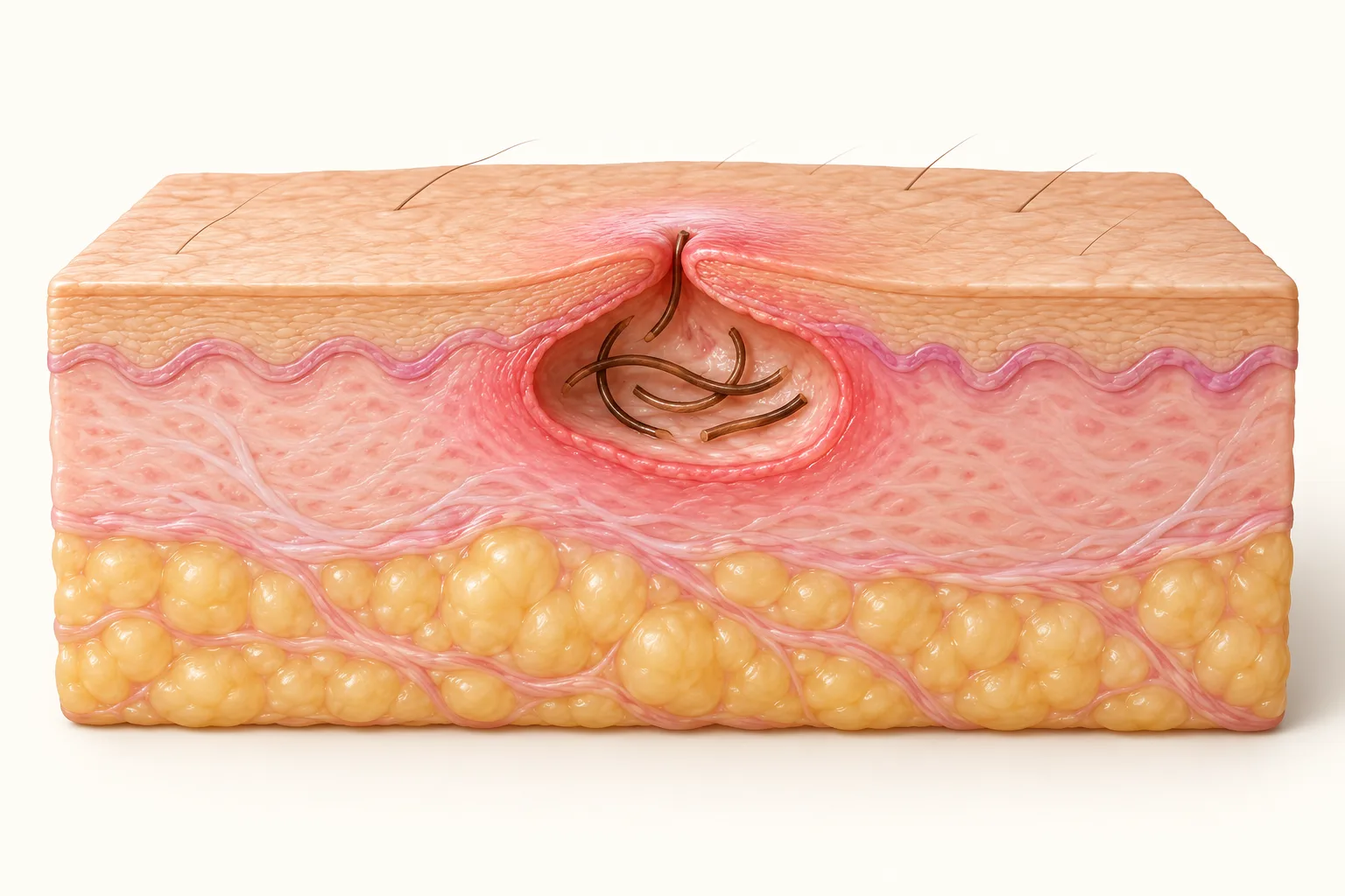 Pilonidal sinus: a cavity formed by hairs entering the skin, with surrounding inflammation – skin cross-section illustration