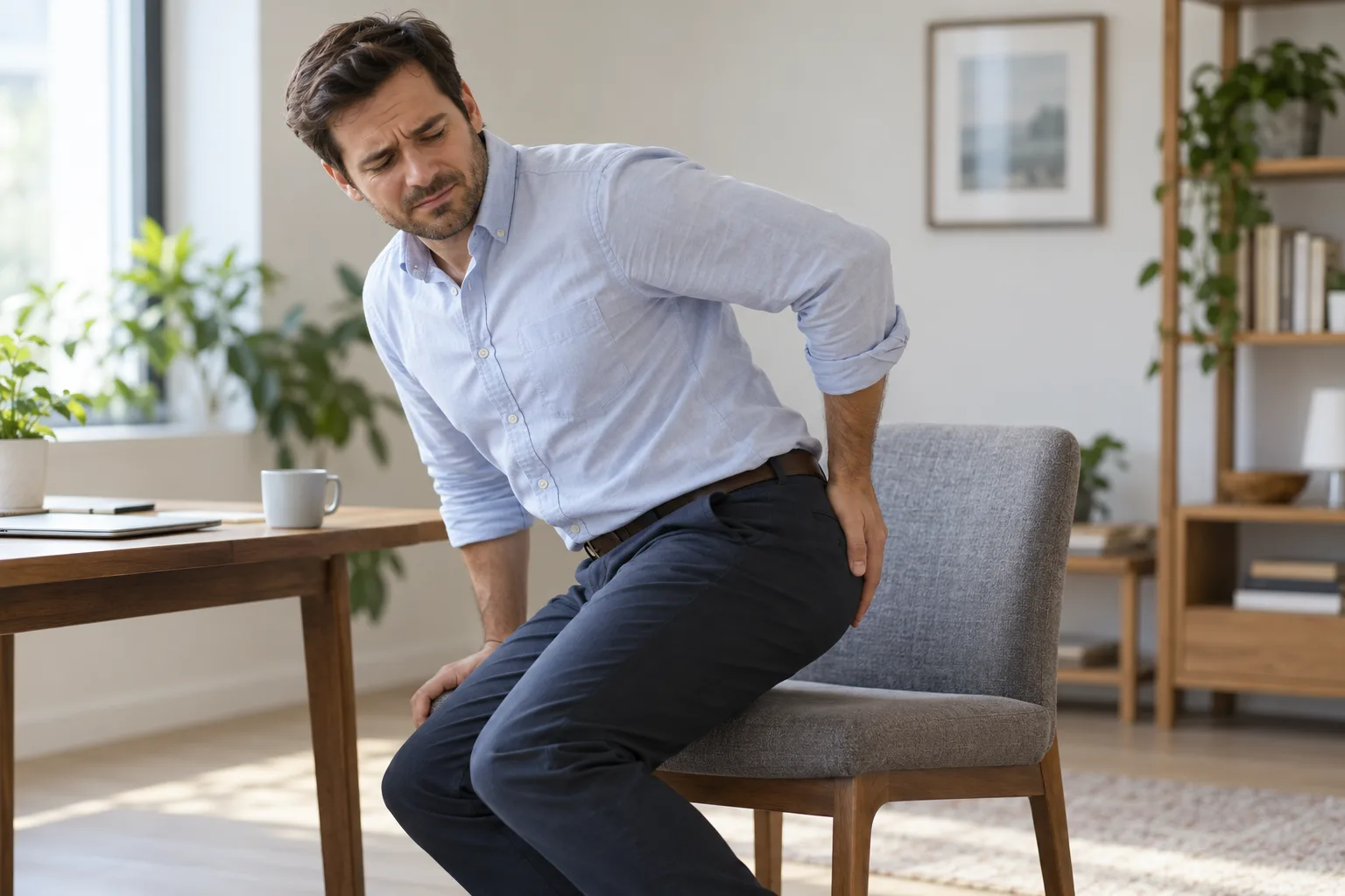 Person struggling to sit because of tailbone pain – a pilonidal sinus symptom