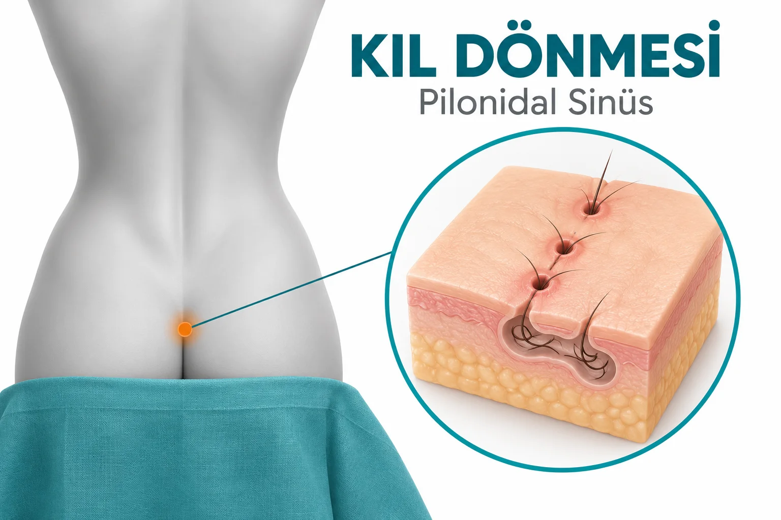 Location of a pilonidal sinus at the tailbone, with small skin pits through which hairs enter – illustration