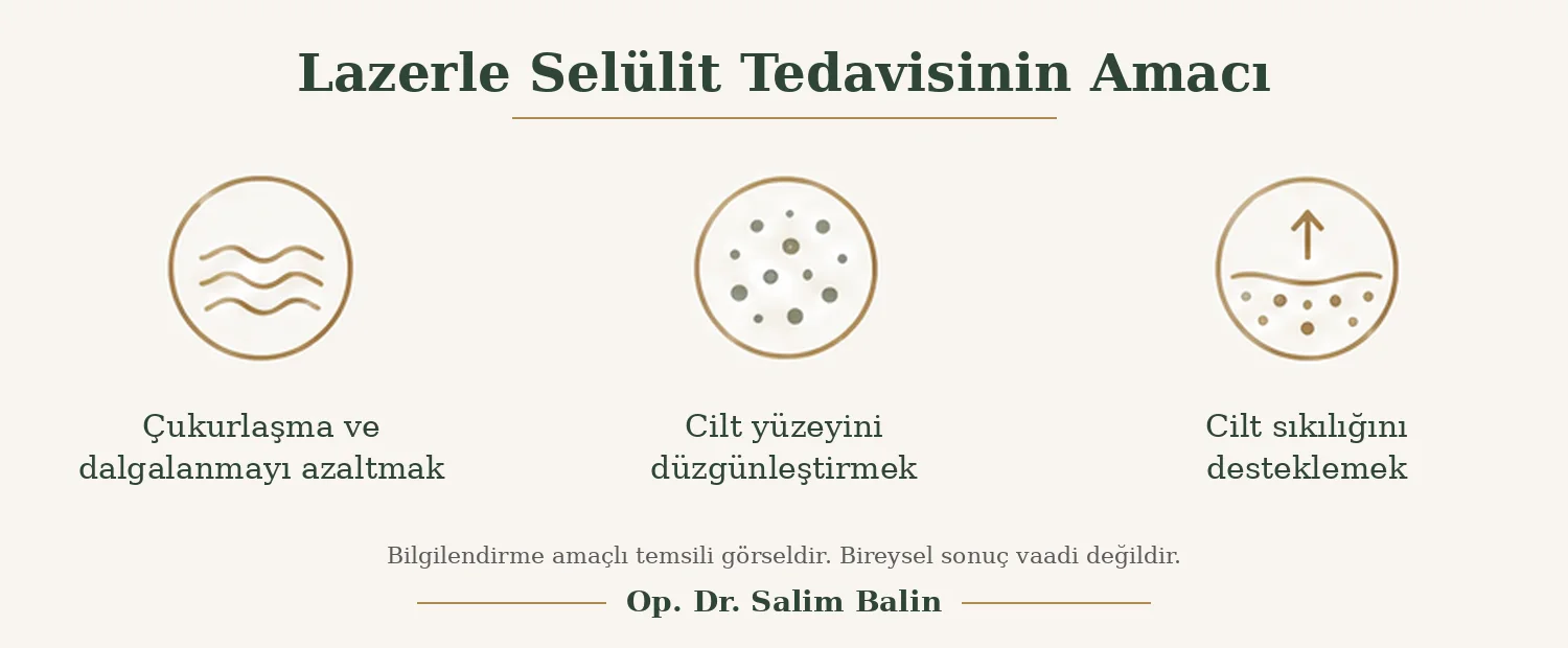 Lazerle selülit tedavisinin amacı: çukurlaşma ve dalgalanmayı azaltmak, cilt yüzeyini düzgünleştirmek, cilt sıkılığını desteklemek – temsili görsel