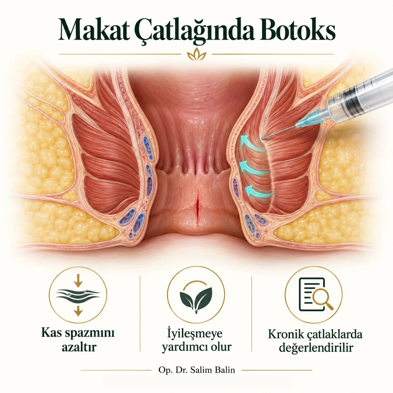Makat çatlağında botoks: iç makat kasına enjeksiyonla kas spazmının azaltılması, iyileşmeye yardım ve kronik çatlaklarda değerlendirme – şematik anatomi gösterimi