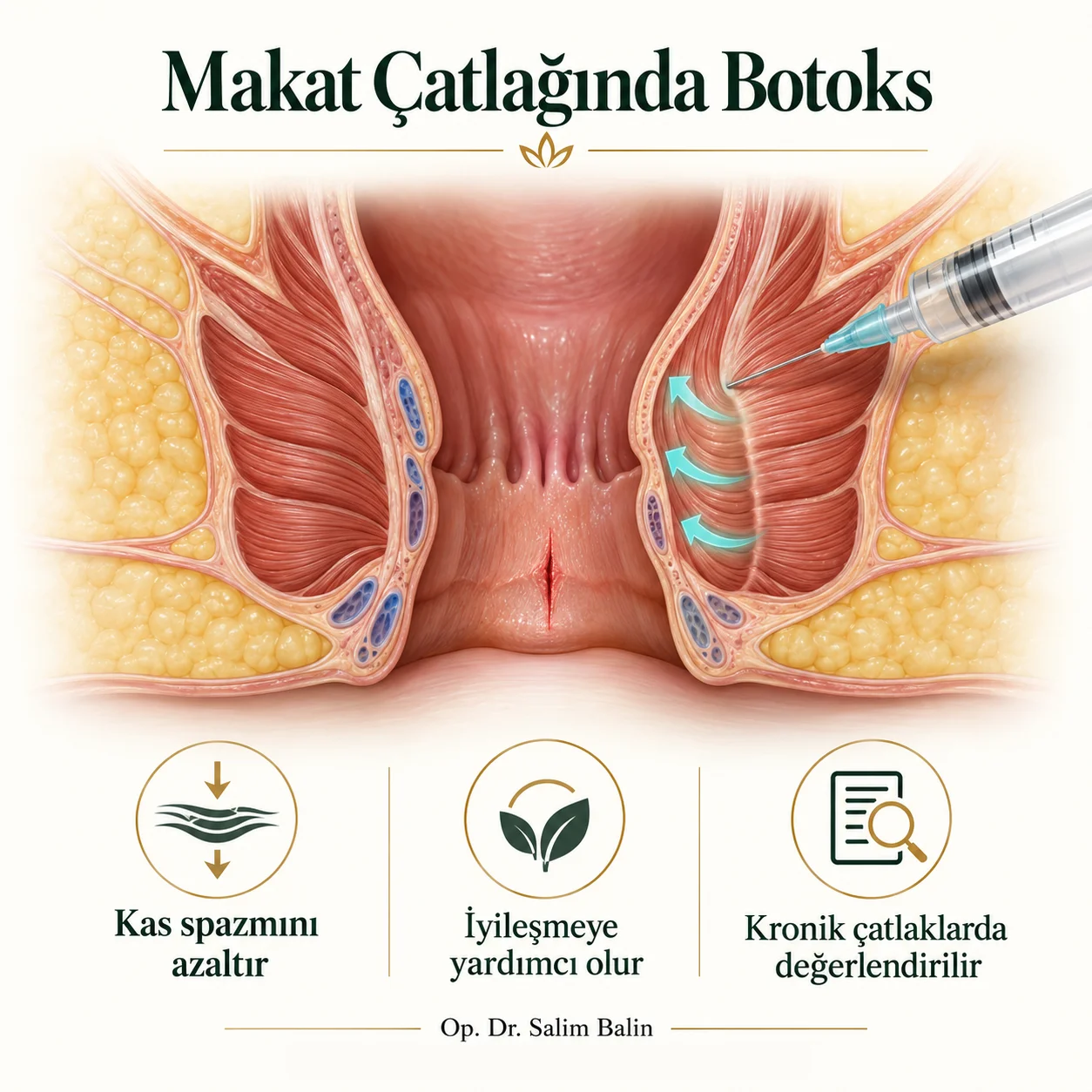 Botox for anal fissure: injection into the internal anal sphincter reduces muscle spasm and helps healing; considered for chronic fissures (anatomical illustration, Turkish labels)