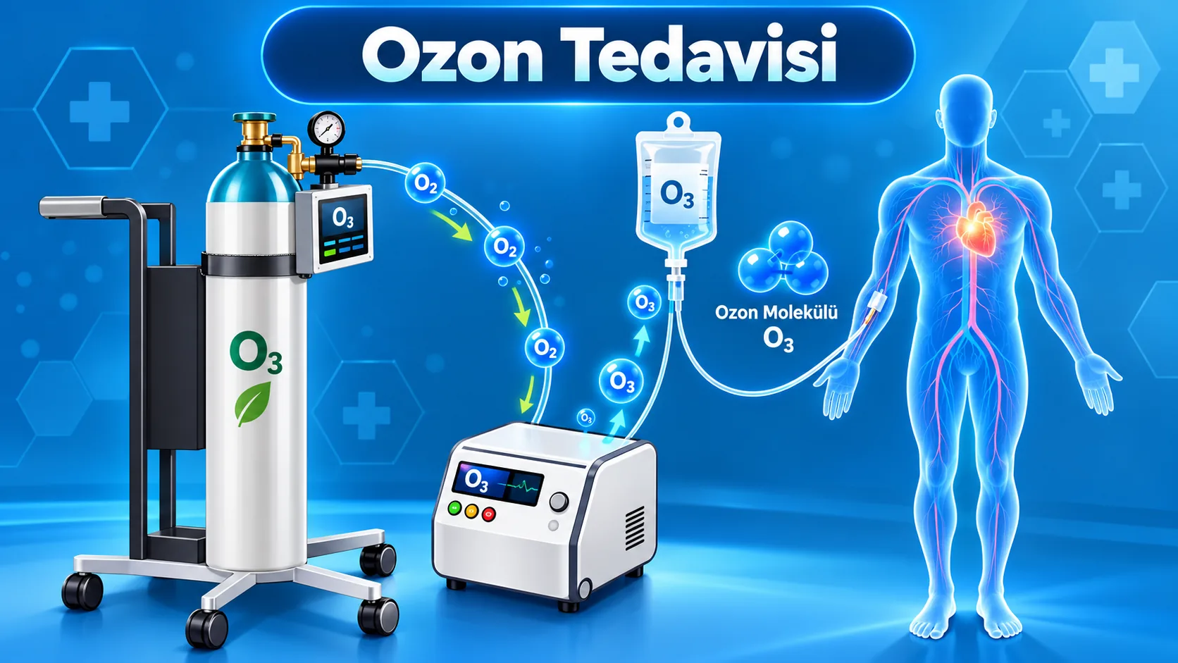 Ozon tedavisi: oksijen kaynağı, ozon jeneratörü ve vücuda uygulama yollarını gösteren şema (temsili görsel)