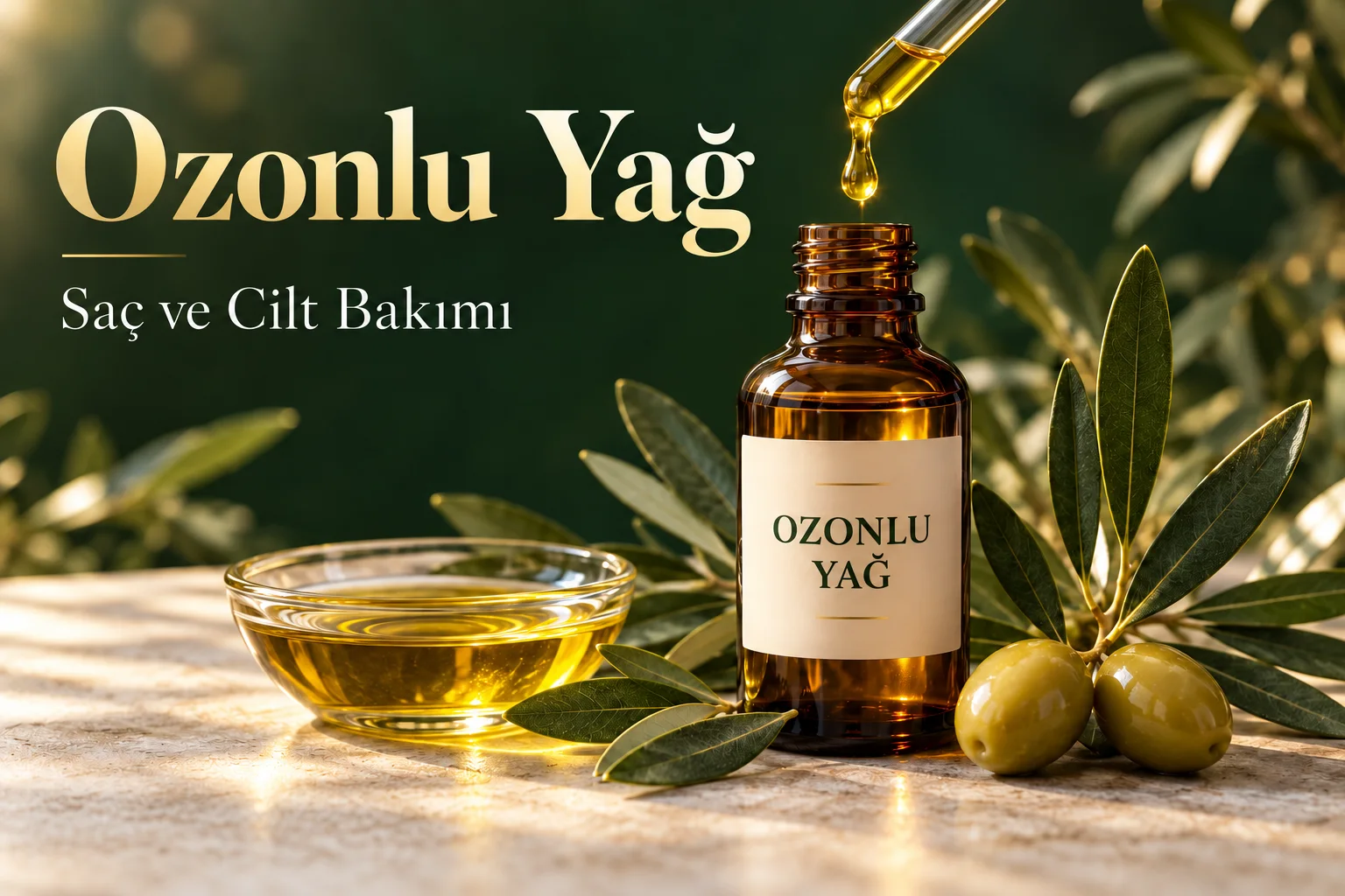 Damlalıklı şişede ozonlu yağ, zeytin dalı ve zeytinler – saç ve cilt bakımı