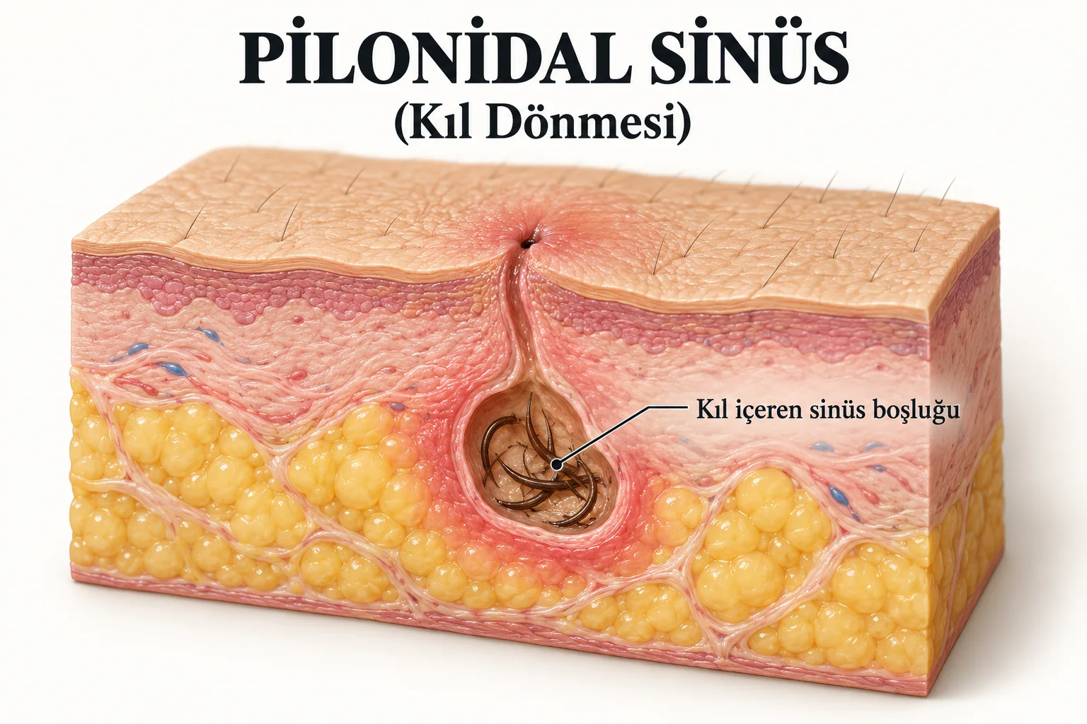 Pilonidal sinüs (kıl dönmesi) şeması: cilt yüzeyindeki küçük delik ve cilt altında kıl içeren sinüs boşluğu