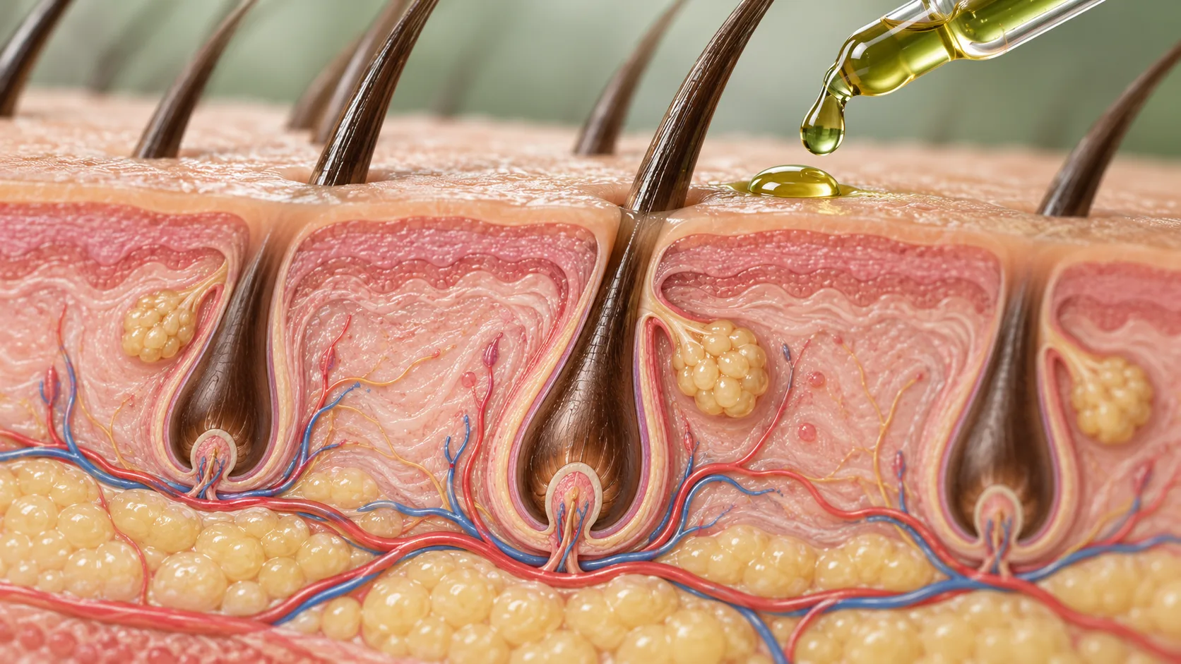 Scalp and hair follicle cross-section – where topical minoxidil acts, illustration